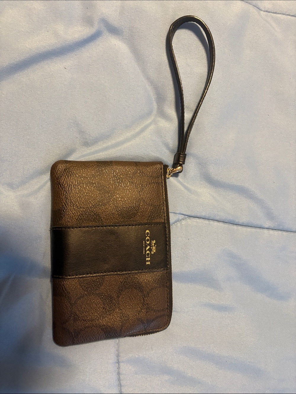 Coach Brown & Black Leather Wristlet Phone Case with Gold Logo